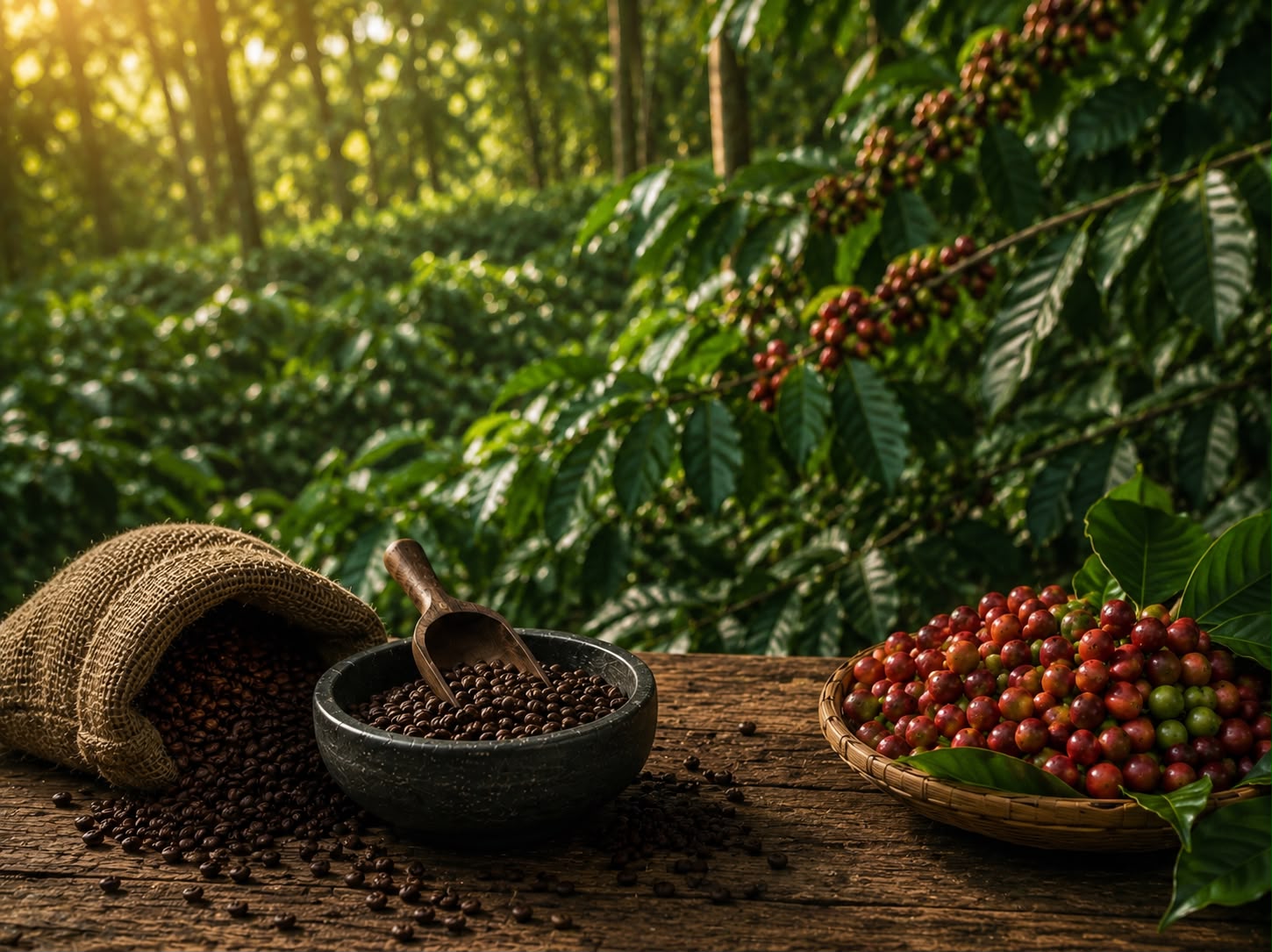 Coffee plants growing under shade trees on the estate